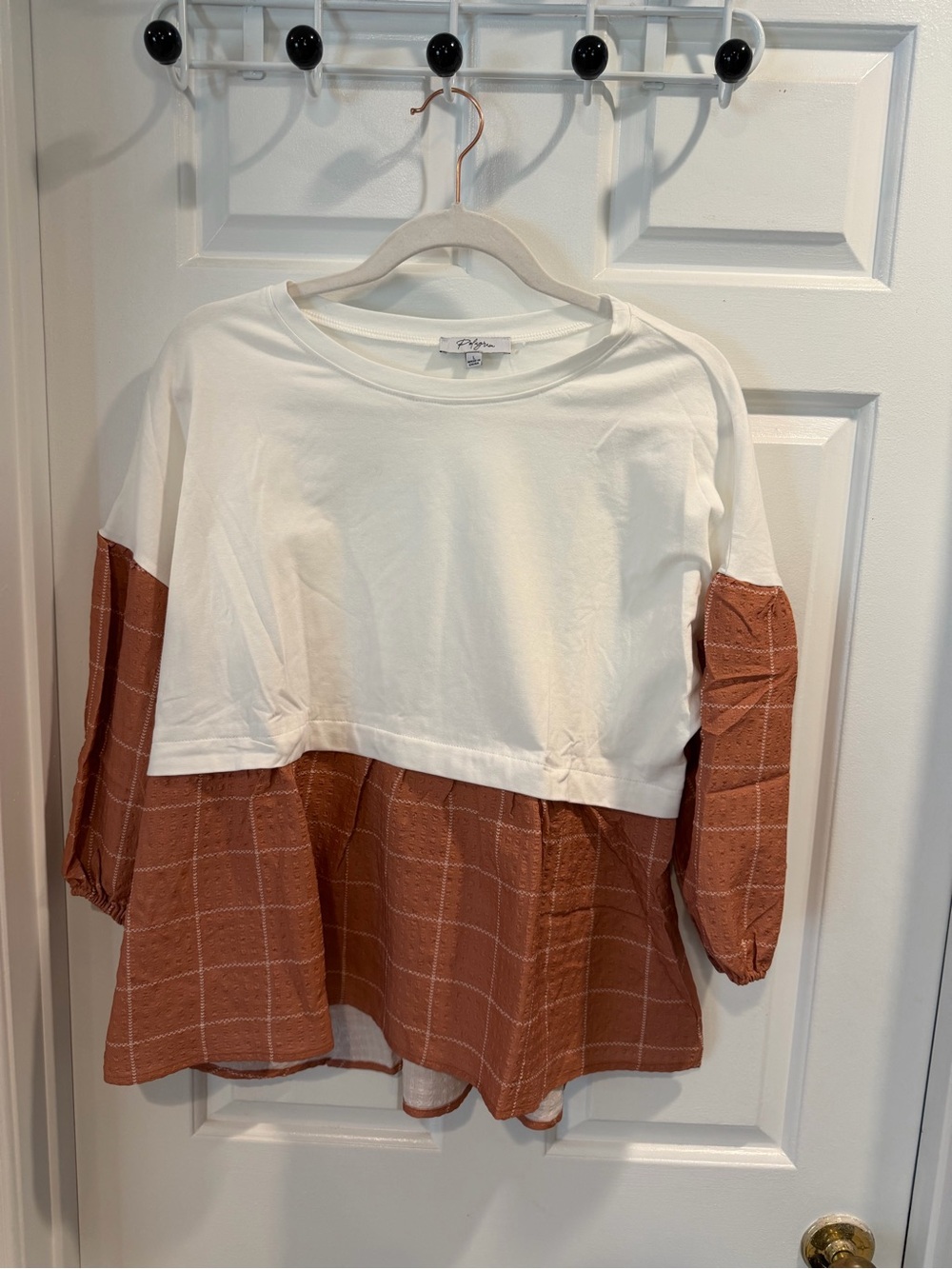 NWOT Boutique Polagram Mixed Media Peplum Top - White & Rust Sz L - Picture 1 of 3